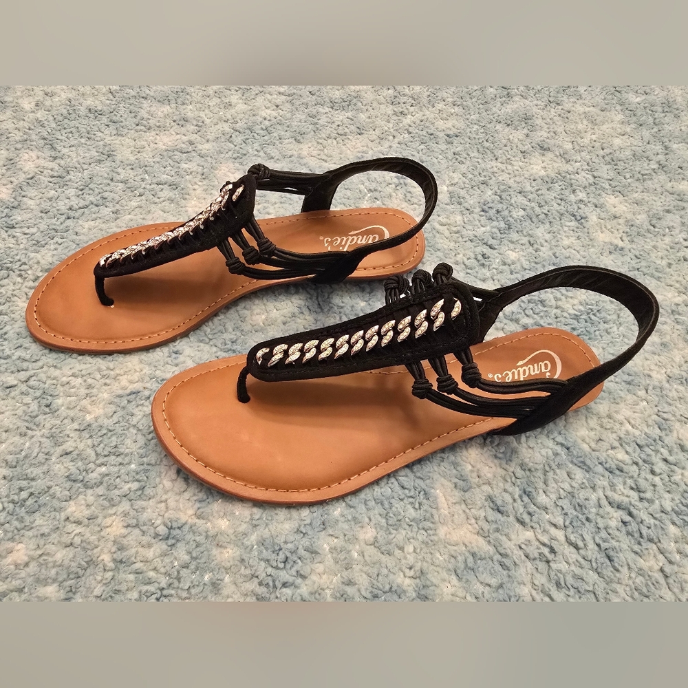 Candie's Women's Sz 9 T-Strap Sandals, Black with Embellishment, Like New